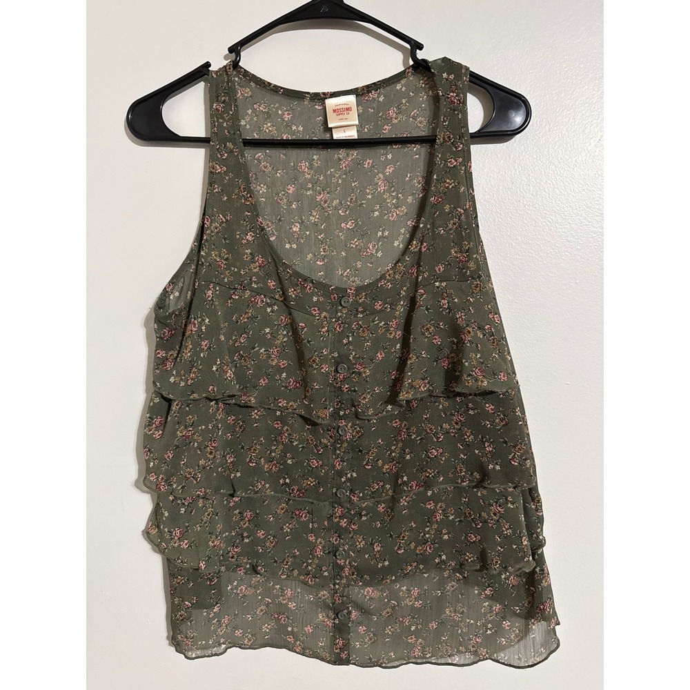 Mossimo Supply Co Olive Green Floral Tiered Ruffle Tank Top Sheer Chiffon Large